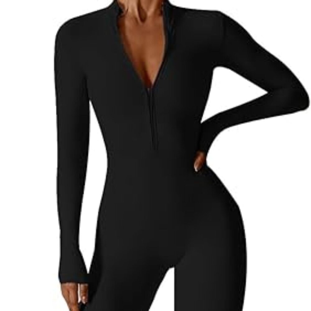 Women’s long‑sleeve zip workout jumpsuit, full‑length stretchy active bodysuit